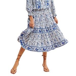 Anthro BeachGold‎ Riley  Floral Midi Skirt Blue Size S